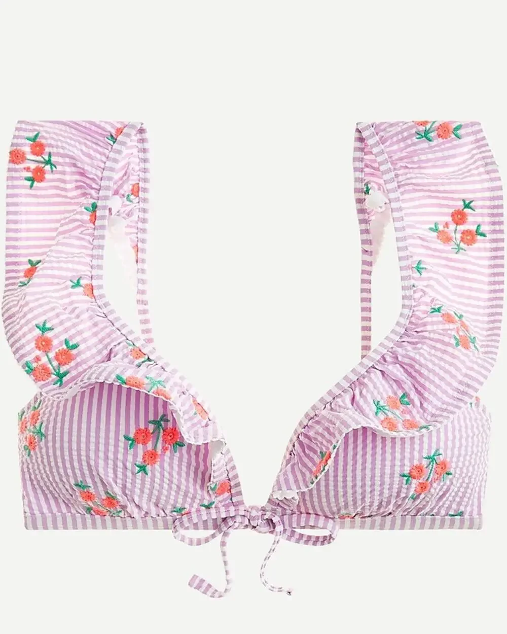 J. Crew Floral Pinstripe Bikini Top XXS Ruffled Embroidered Seersucker Purple